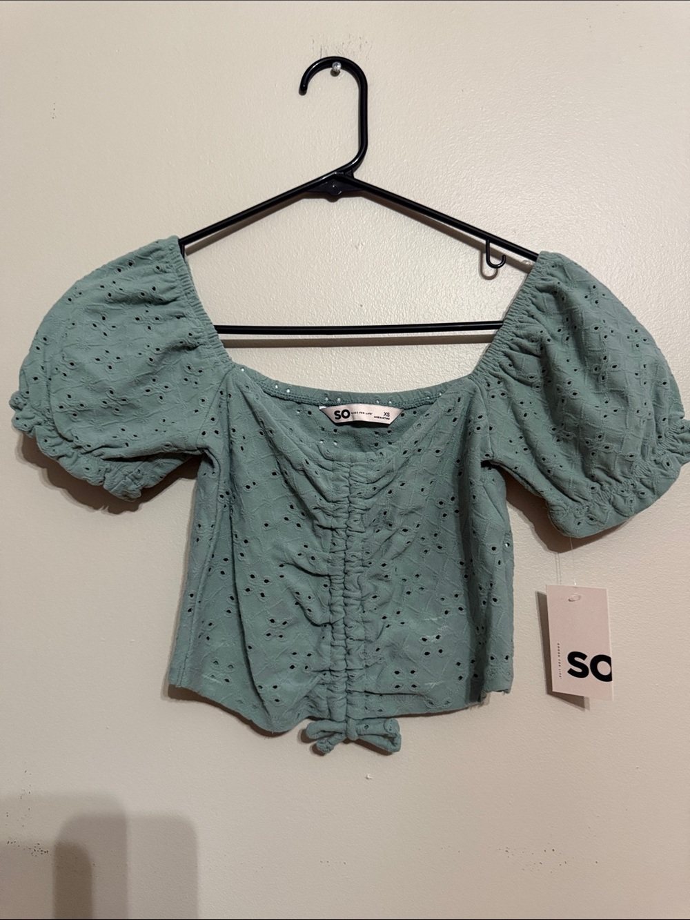 SO Sage Green Eyelet Puff Sleeve Crop Top size XS
